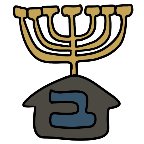  a gold temple menorah above a gray house with a blue hebrew letter bet on it